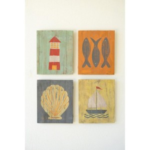 Coastal Wall Art Set of 4 – 16" Tall – Hand-Painted Wood Beach Scene Panels by Kalalou - 1 of 4