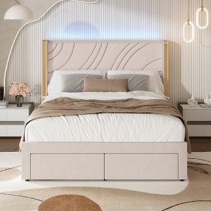 Merax Modern Velvet Upholstered LED Bed Frame with Wingback Headboard & Storage Drawers - 1 of 4