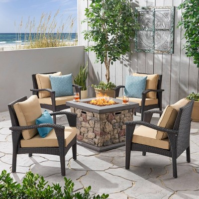 Kanihan 5pc Faux Rattan Club Chair & Fire Pit Chat Set Brown/Tan- Christopher Knight Home