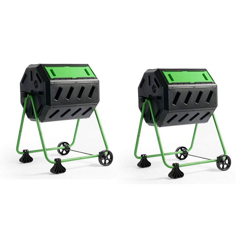 FCMP Outdoor HOTFROG 37 Gallon Plastic Dual Chamber Tumbling Composter Outdoor Elevated Rotating Garden Compost Bin, Green/Black (2 Pack), 1 of 7