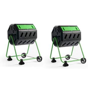 FCMP Outdoor HOTFROG 37 Gallon Plastic Dual Chamber Tumbling Composter Outdoor Elevated Rotating Garden Compost Bin, Green/Black (2 Pack)