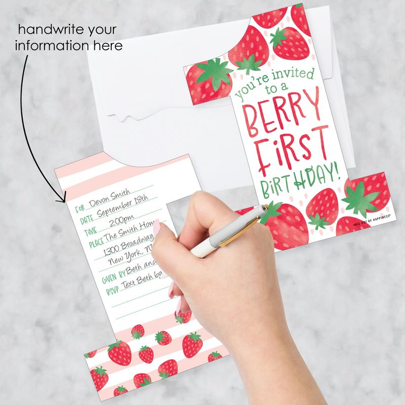 Big Dot of Happiness Berry First Birthday Sweet Strawberry Shaped Fill-In Invitations - Fruit 1st Birthday Party Invitation Cards with Envelopes 12 Ct, 2 of 8