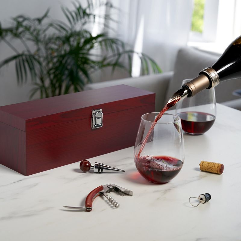 True Cherry 1-Bottle Wine Accessories Gift Set | Premium Corkscrew Opener Kit, Drip Ring, Wine Pourer, Stopper in Wood Case with Padded Insert, Brown, 2 of 9