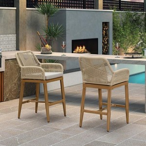 PURPLE LEAF Outdoor Rattan Bar Stools Set of 2 Modern Boho Aluminum Patio Bar Height Chair with Cushion for Garden Outdoor and Indoor - 1 of 1