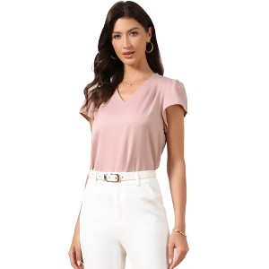 INSPIRE CHIC Women's Short Sleeve V Neck Pleated Front Satin Blouses - 1 of 4