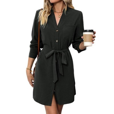 Women's Tie Belt Button Down Shirt Dress Casual Office Mini Length Dress Black XL