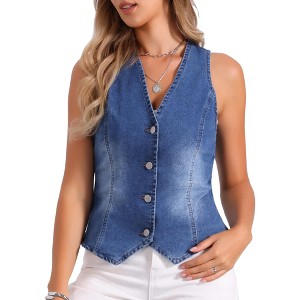 INSPIRE CHIC Women's V Neck Sleeveless Button Down Waistcoat Fashion Denim Vest - 1 of 4
