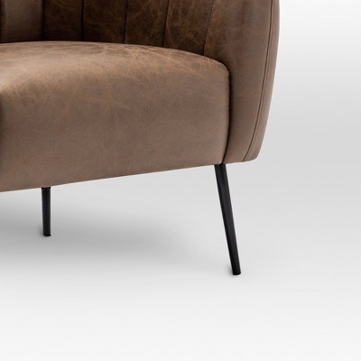 Brown Faux Leather Channel Barrel Chair with Metal Legs