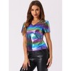INSPIRE CHIC Women's V Neck Short Sleeve Party Clubwear Shiny Metallic Blouses - 4 of 4