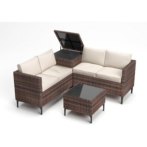 Jojoka 4-Piece All-Weather PE Rattan Patio Sofa Set, Sectional with Loveseat, Coffee Table with Storage, Ideal for Backyard - 1 of 4
