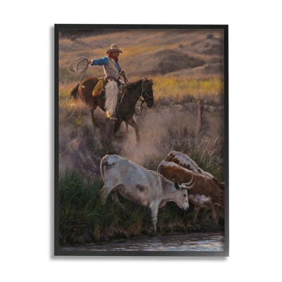 Stupell Industries Cowboy Rounding Up Cattle Lasso Framed Giclee