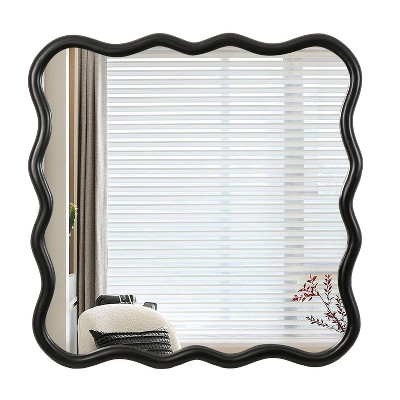 FURNIinspire Decorative Wall Mirrors Solid Wood Wavy Square Mirror, Modern Mirror Wall Decor For Bathroom, Bedroom, Living Room, Black, 35.8"*35.8"