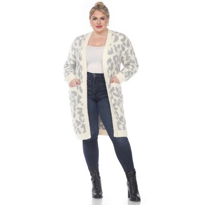 PS Leopard Print Open Front High Pile Fleece  Coat - White Mark