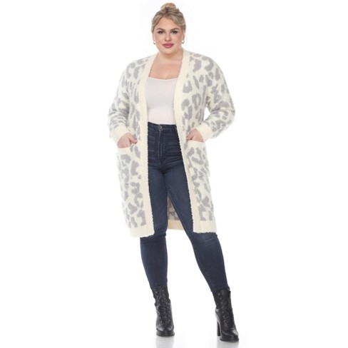 Ps Leopard Print Open Front High Pile Fleece Coat Beige 2x/3x