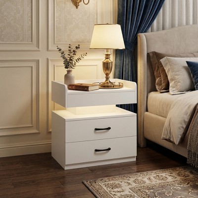 Airsurfer Compact Glossy White Nightstand Modern LED Nightstand Bedroom Storage for Bedroom Organization