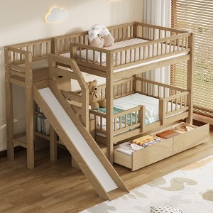 ModernLuxe Twin over Twin Bunk Bed, Wood Bed Frame with Storage Staircase, Slide and 2 Drawers - 1 of 4