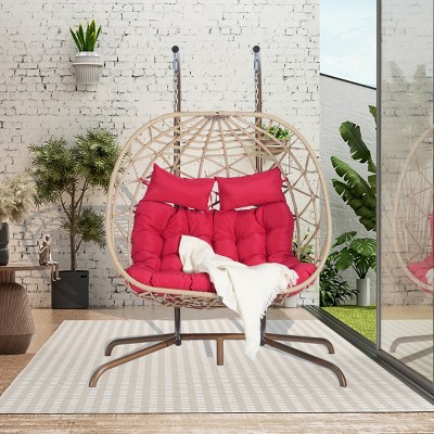 Hanging Wicker Woven 2 Person Egg Swing Chair With Cushions And Stand,Indoor Outdoor Wicker Basket Hammock Chair For Patio,Bedroom-Coolbibila