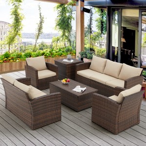 COWLOWN 7 Piece Outdoor Patio Furniture Sets with Two Storage Boxes, Brown Rattan and Beige Cushions, Outdoor Conversation Set for Garden and Deck - 1 of 4
