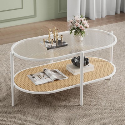 Garvee 2-Tier Rattan Coffee Table, Boho Oval Coffe Table with Tempered Glass Top, Farmhouse Water-Wave Glass Metal Tea Center Tables
