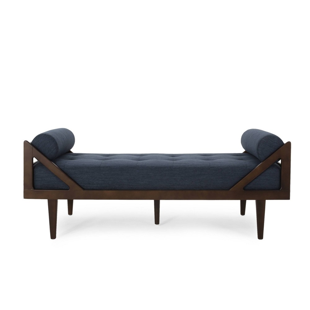 Rayle Contemporary Tufted Chaise Lounge with Rolled Accent Pillows Navy Blue/Dark Brown - Christopher Knight Home: Elegant Bentwood Frame