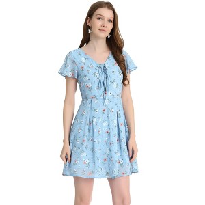 Allegra K Women's Floral Printed Flare Short Sleeve Lace-up V Neck A-Line Chiffon Dress - 1 of 4
