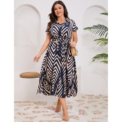 Plus Size Shirt Dress Women Summer Short Sleeve Maxi Dress with Belt Side Slit