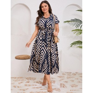 Plus Size Shirt Dress Women Summer Short Sleeve Maxi Dress with Belt Side Slit - 1 of 4