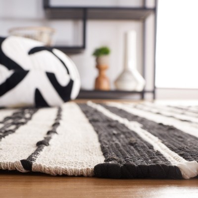 Boho-Chic Black and Beige Striped Kilim 6' Square Wool Rug
