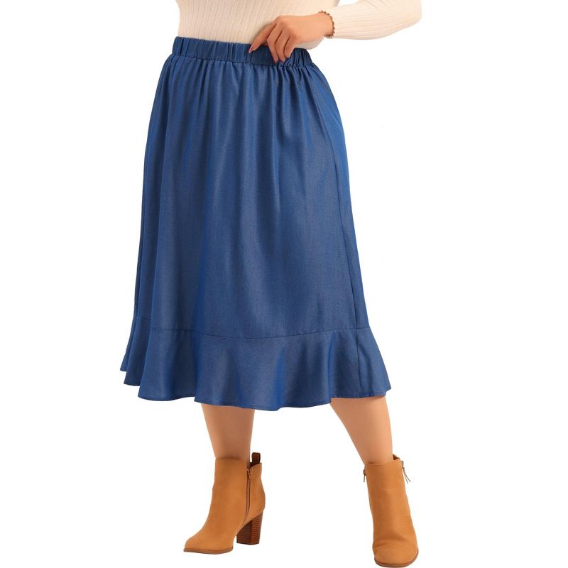 Agnes Orinda Women's Plus Size Midi Elastic Waist Denim Tiered Pleated Hem A Line Skirts, 2 of 6