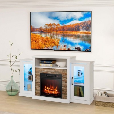White MDF Fireplace TV Stand with LED Lights and Cabinets