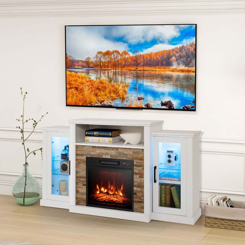 Costway Fireplace TV Stand with Led Lights & 18'' Electric Fireplace For 65" Wall-Mounted TV Dark Brown/Black/White, 2 of 11