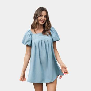 Women's Soft Blue Square Neck Puff Sleeve Mini Dress - Cupshe