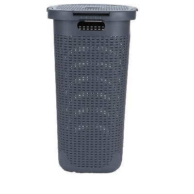 Gray Collapsible Wicker Design Upright Laundry Hamper with Lid