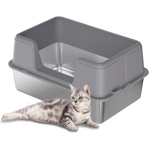 Stainless Steel Cat Litter Box with Lid, High Sided Tray with Scoop & Anti-Slip Mat, Easy Clean - 1 of 4