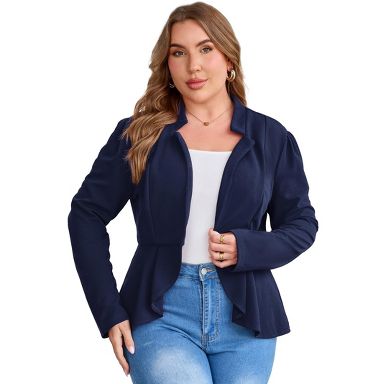 Women Plus Size Peplum Blazer Open Front Notched Lapel Long Sleeve