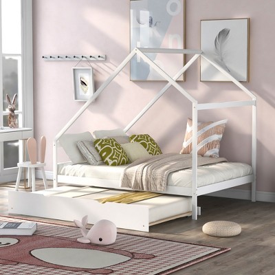Full/Twin Size Wooden House Bed (with a Twin Size Trundle Bed), White/Gray/Natural, 4A -ModernLuxe