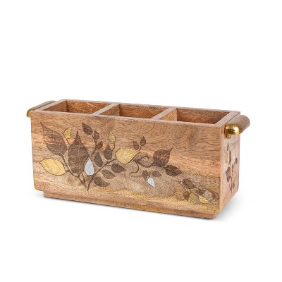 GG Collection Mango Wood with Laser and Metal Inlay Leaf Design Flatware Caddy.