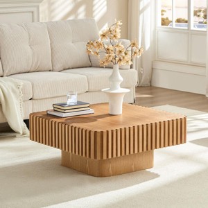 35.4" Modern Square Wood Veneer Coffee Table with Pedestal Base, Natural Brown Large Center Table for Living Room - 3irtyhousy - 1 of 4
