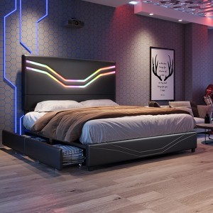 AMERLIFE Bed Frame with LED Lights and Storage Drawers, Leather Upholstered Headboard, No Box Spring Needed - 1 of 4