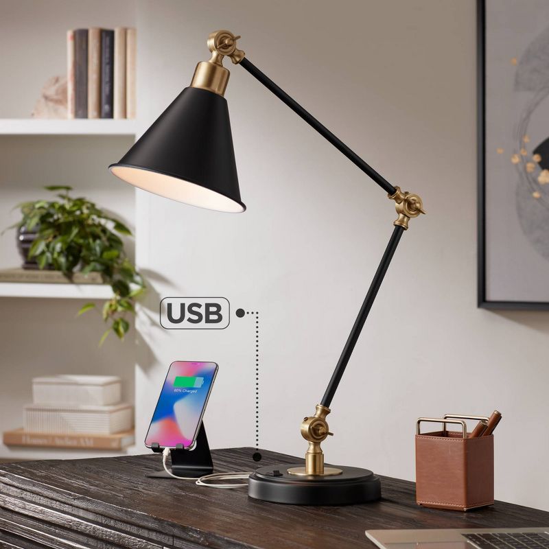 360 Lighting Modern Industrial Desk Table Lamp with USB Charging Port Adjustable 26.75" High Black Antique Brass for Bedroom Bedside Office, 2 of 10