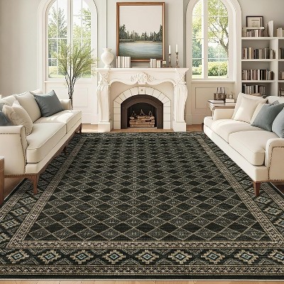 Machine Washable Area Rugs for Living Room, Non-Slip Modern Carpet with Geometric Border for Dining Room & Nursery