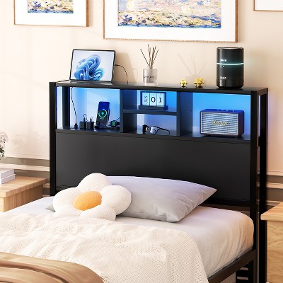 Aheaplus Storage Headboard with Power Outlets & Led Lights, Height Adjustable, Reversible Headboard