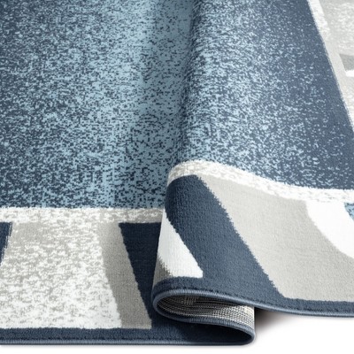 Blue and Grey Abstract Border Synthetic Area Rug Set