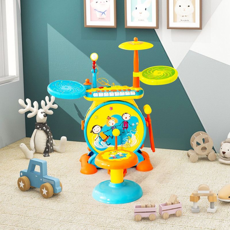 Costway 2-in-1 Kids Electronic Drum Kit Music Instrument Toy w/ Keyboard Microphone, 2 of 11