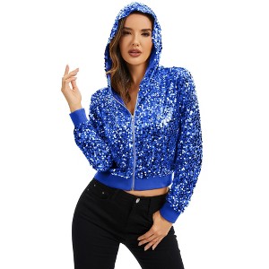 Anna-Kaci Women's Sequin Zip-Up Hooded Jacket with Ribbed Hem and Long Sleeves for Party Wear - 1 of 4