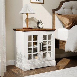 24'' Nightstand with Charging Station, Wood End Table, Farmhouse Bedside Tables with Tempered Glass Doors - 1 of 4