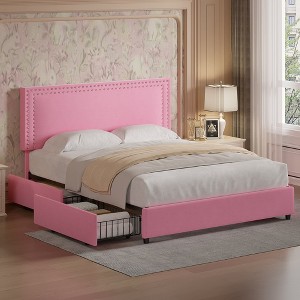 VECELO Upholstered Platform Bed Frame Platform with 4 Storage Drawers, Adjustable Velvet Rivets Headboard - 1 of 4
