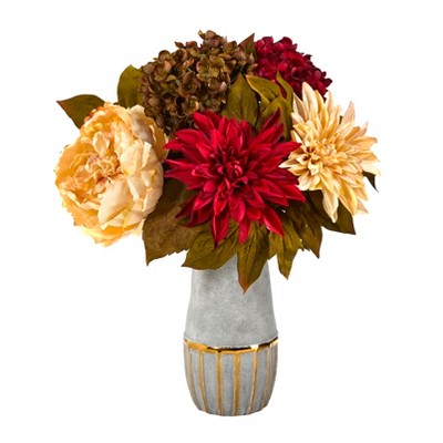 Nearly Natural 17-in Peony, Hydrangea and Dahlia Artificial Arrangement in Stoneware Vase with Gold Trimming