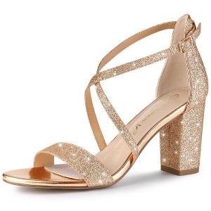 Allegra K Women's Glitter Buckle Closure Crisscross Strap Block Heels Sandals - 1 of 4