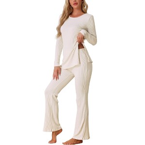 cheibear Women’s Ribbed Knit Long Sleeves Top and Pants Two Piece Pajama Sets - 1 of 4